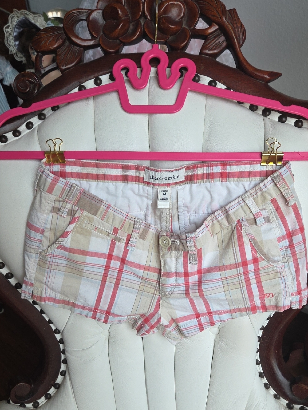 Vintage Abercrombie & Fitch Plaid Low-Rise Jean Shorts in Beige, White & Coral